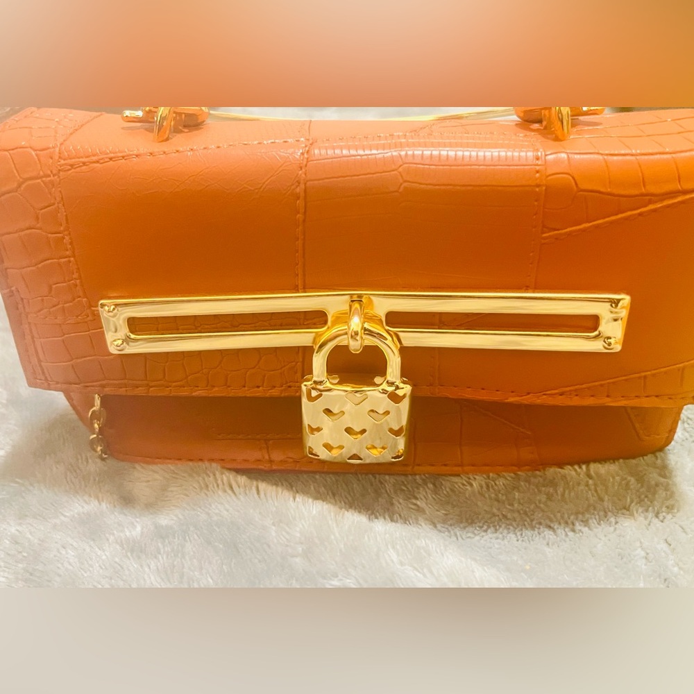 Orange Croc-Embossed Women’s Shoulder Bag with Gold Padlock
